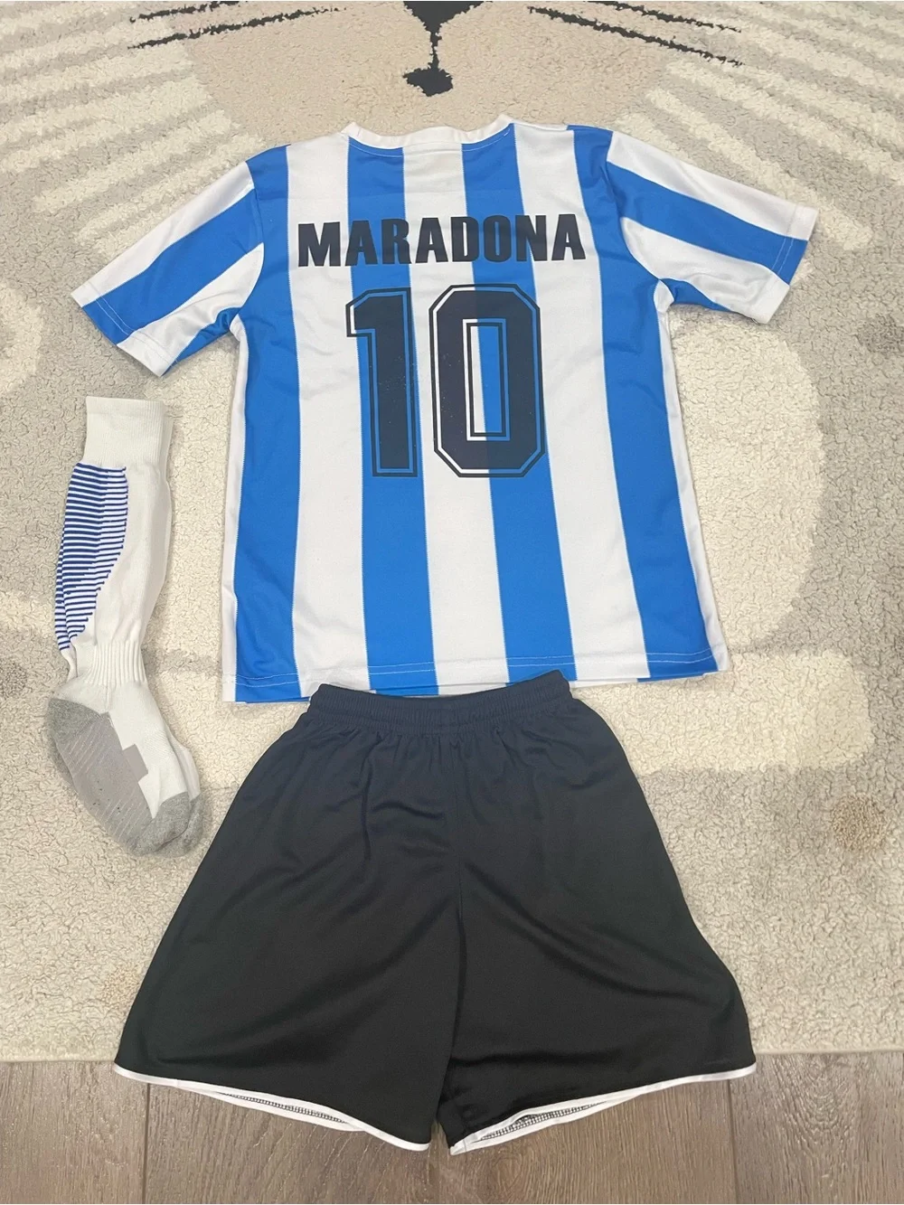 Kids Blue and White Striped Soccer Jersey & Black Shorts Set - Number 10